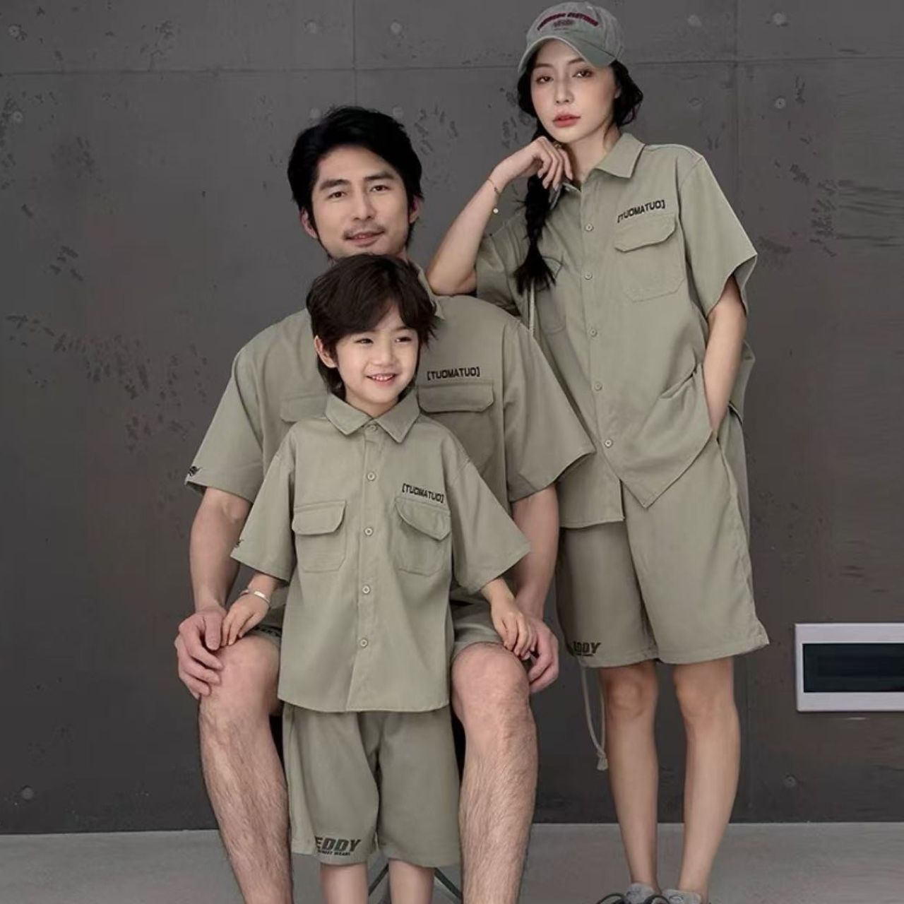 親子ペアルック カーキシャツ＆ハーフパンツの夏コーデセット